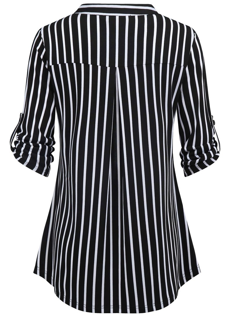 BEPEI Women Tops and Blouses,Misses 3/4 Sleeve Fitted Top Youth Button Down Black White Striped Shirt Loose Bottom Soft Tunic Fashion 2025 Spring Trendy Dressy Casual Work Office Clothing M - Image 3